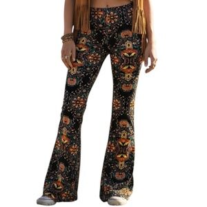 New FREE PEOPLE Donyale Print Velvet Flare Street Pants S | Boho Indie Festival